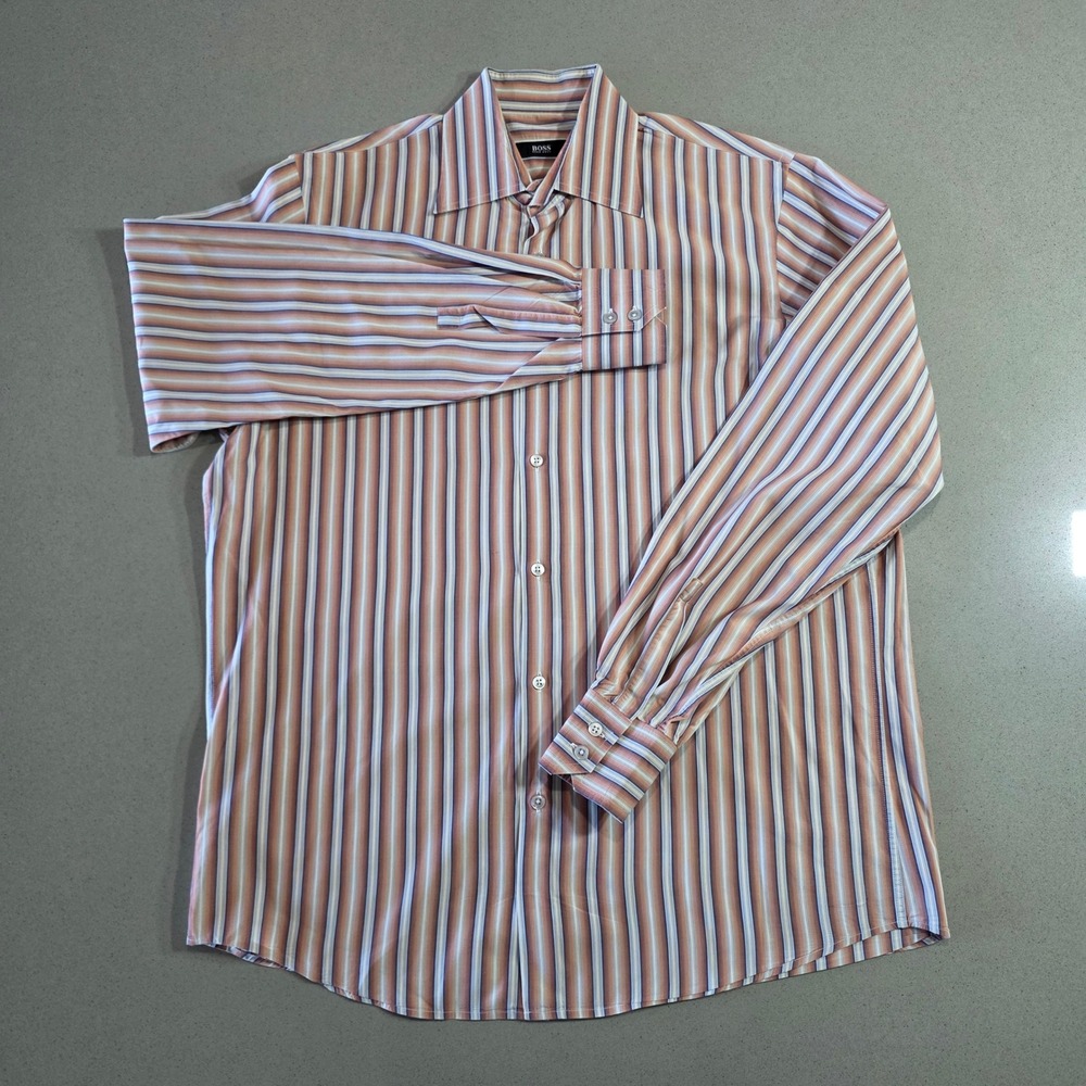 Hugo Boss Mens Striped Long Sleeve Button Down Shirt Orange Blue Size 16 41